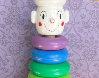 1960's a "Teach-A-Tot" Toy Wood Rocking Rainbow Stacking Plastic Donuts w Cone Vintage Toys