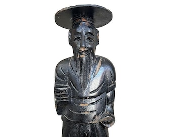 ヴィンテージ 中国 東洋 木彫り 漁師 12 インチ 彫刻 *ポール欠品