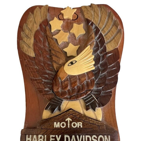 Vtg Harley Davidson Wood Eagle Handmade Box Jewelry Secret Key Logo Stash Collectible Memorabilia