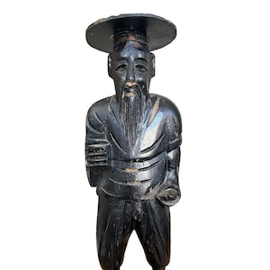 Scultura vintage cinese orientale in legno intagliato da pescatore da 12 pollici *Asta mancante** Figure asiatiche da collezione