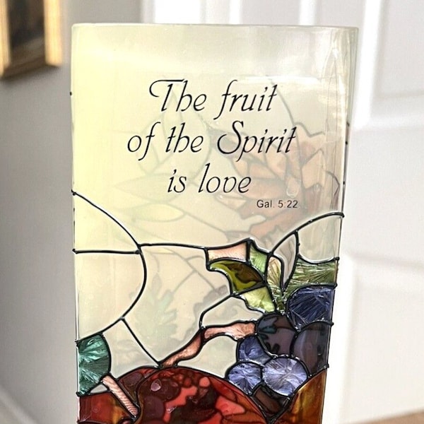 Vtg 10"T Joan Baker Designs Hand Painted Fruit Of The Spirit Stained Glass Vase Collectible Vintage Decor
