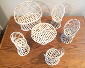 VTG Set of (6) Wicker Rattan Doll Furniture Couch, Table (4) High Back Chairs