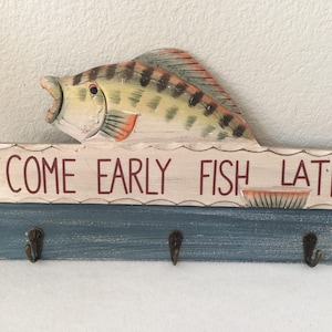 Vintage Fish Wood Coat Hanger  Come Early Fish Late  Collectible Vintage Home Decor