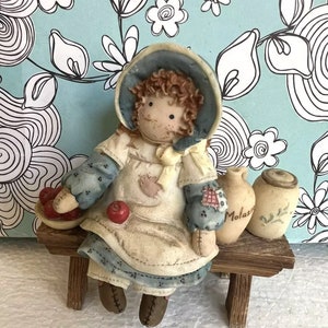 Vintage Enesco Down Petticoat Lane Girl on Bench w Apples Collectible Figurine