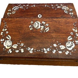 Antique Wood With Mother Of Pearl Inlayed Floral Design Traveling Desk - 1800&#39;s Rare Collectible Decor