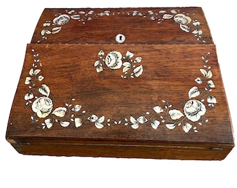 Antique Wood With Mother Of Pearl Inlayed Floral Design Traveling Desk - 1800&#39;s Rare Collectible Decor