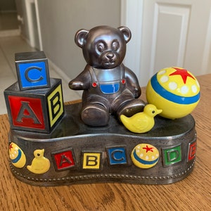 Vtg ABC Bear Blocks Duckies Silverplated Coin Bank Music Box-Works! Piggy Bank
