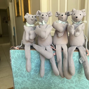 Vintage Hand Made 8.5&quot; Long Mice w Tails Dolls/Ornaments (4) Pink/Green Ribbons