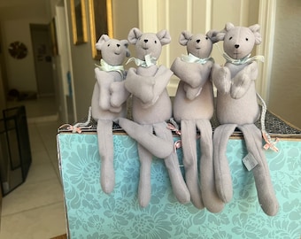 Vintage Hand Made 8.5" Long Mice w Tails Dolls/Ornaments (4) Pink/Green Ribbons