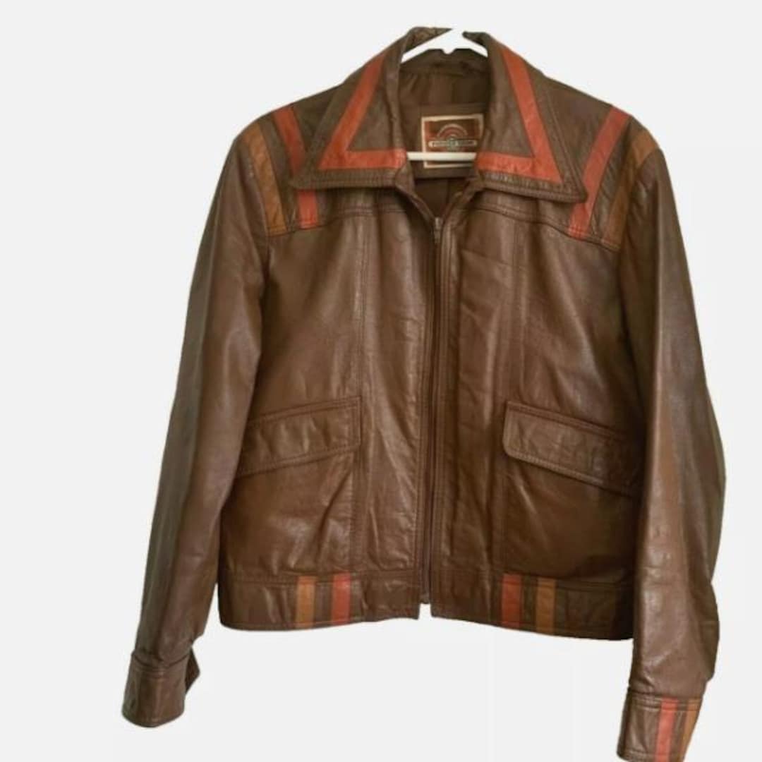 Vintage (M) 1970's Pioneer Wear Leather Jacket Size 38 Brown W Red