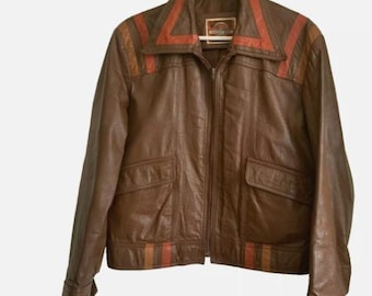 Vintage (M) 1970&#39;s Pioneer Wear Leather Jacket size 38 Brown w Red Tan Stripes Collectible Jackets