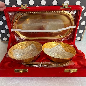 Vintage Traditional India Brass Decorative Bowl Set Red Velvet Box Set of 2 Collectible Serving Ware
