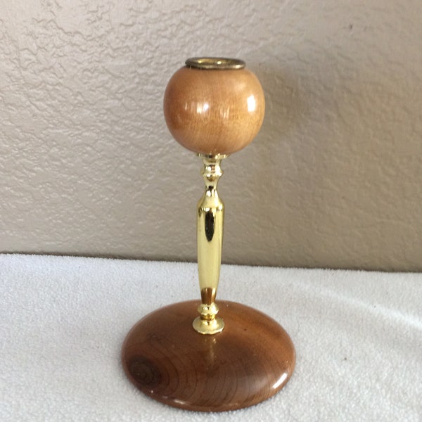 Vintage Oregon Myrtlewood  & Brass Candle Holder Stick w Orig Label Collectible