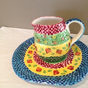 Vintage Mann italiensk keramikkanna/stor tallrik handmålad exklusivt Poctnijia Comiolo -* FRI FRAKT I USA