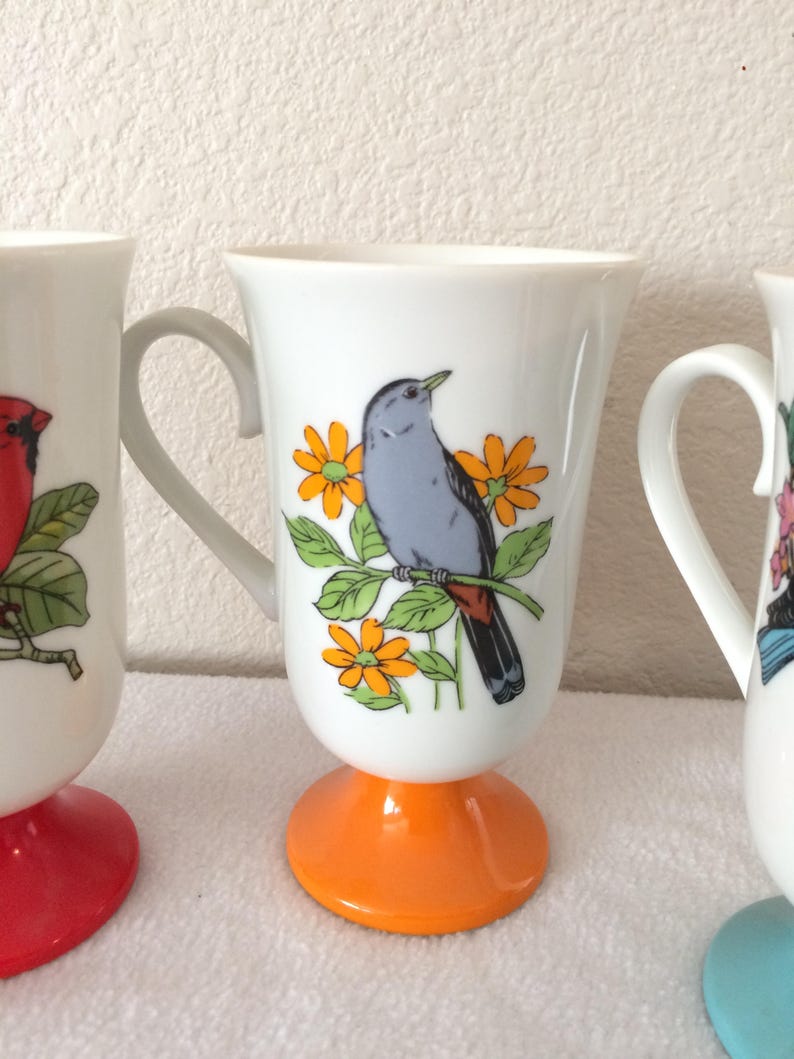 Bird Mugs Cups Set of 5 Footed Vintage Japan Porcelain Etsy