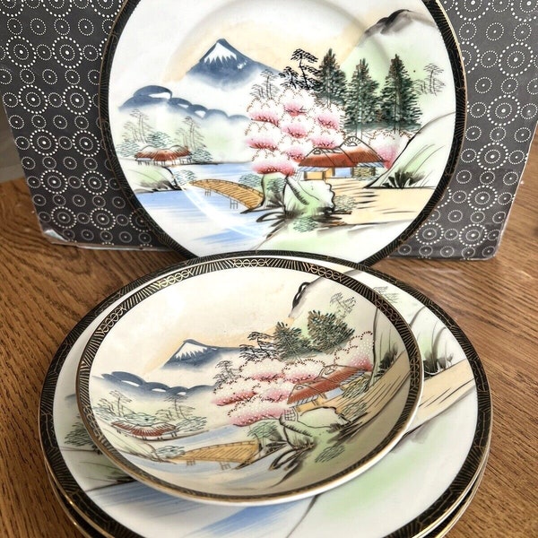Vtg 4 Hayasi Kutani Japan Porcelain Gold Scenic Mt Fuji 7.75" Dessert Plates & Dip Dish Vintage Japanese