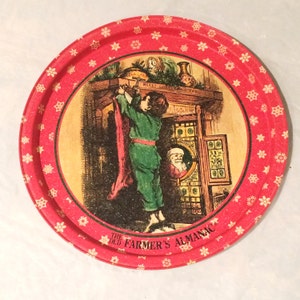 Vintage Sammler der alten Bauern-Almanach 10 3/4&quot; Runde Weissblech Servierplatte