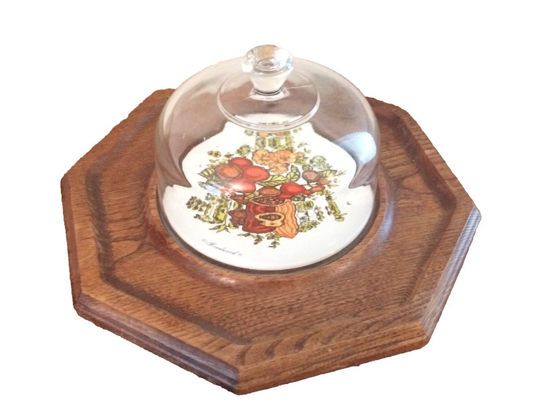 Vintage Octagon Goodwood Wood and Tile Cheese Tray Glass Dome Serving