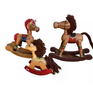Vintage Set of 3 Family Wooden Rocking Horse Ornaments Hand Made Collectibles