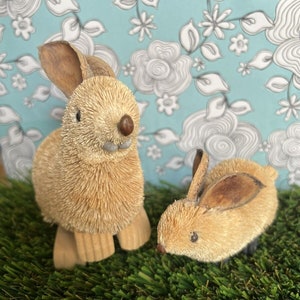 Vintage Easter Sisal Straw Fur Mother Rabbit & Bunny w Pecan Shell Ears Figures Collectible Farmhouse Decor