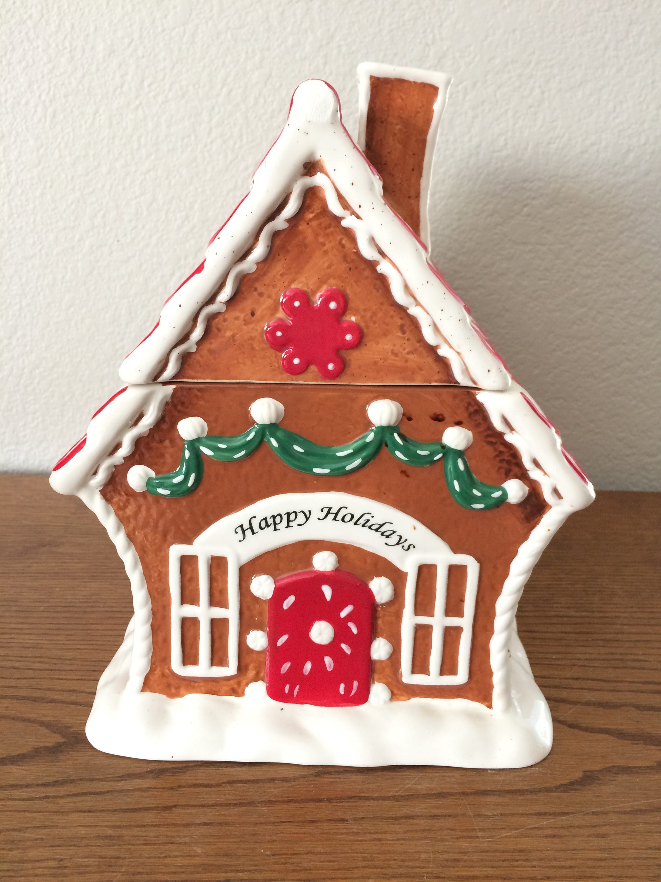 Vintage Gingerbread House ceramic cookie jar put out by Cheryl Etsy