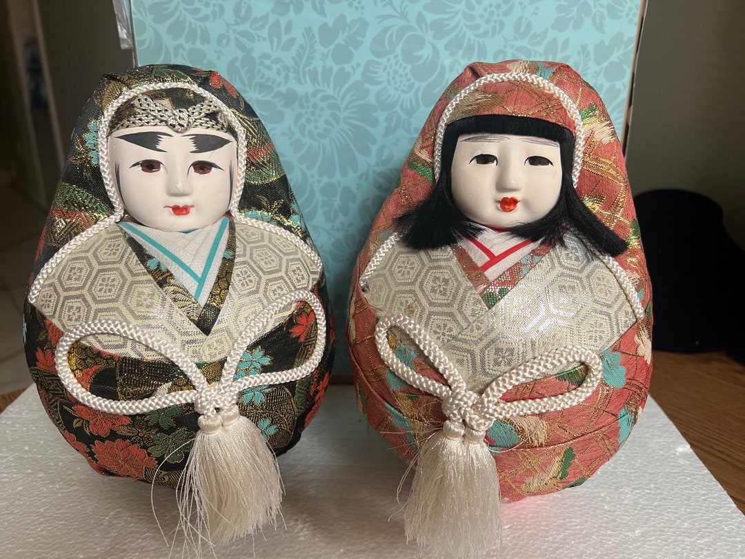 Set Vintage Lrg 9 Japanese Wedding Dolls Roly Poly Hime Daruma Doll