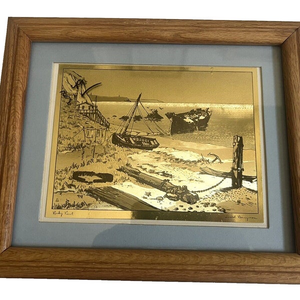 VTG Foil Etching Print,Rocky Point By Lionel Barrymore, Wood Framed, Boats Collectible Prints