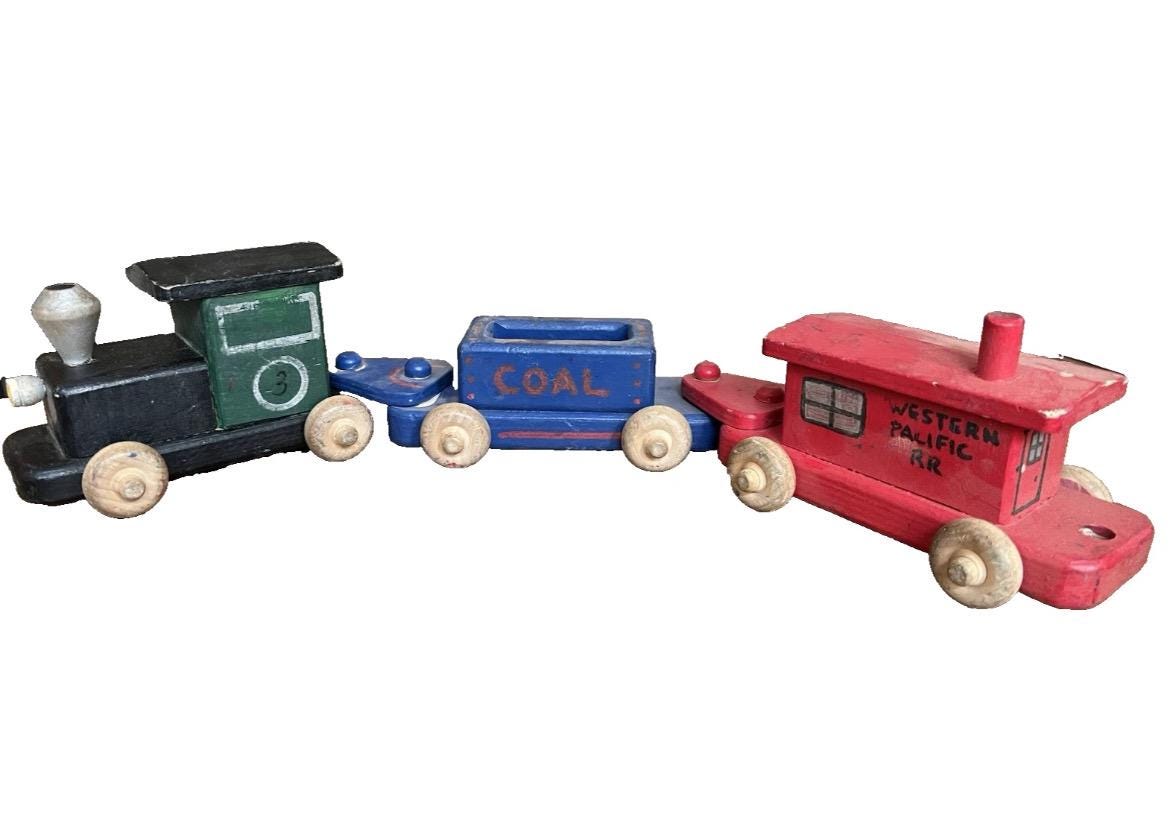 Old Vintage Solid Wood Painted Train Set 3 Cars Made USA Green, Blue, Red Collectible Toy