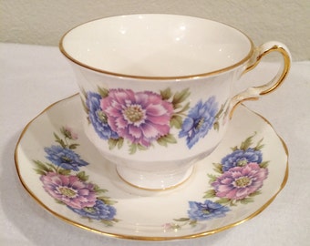 Vintage Queen Anne Bone China Teacup & Saucer Blue and Purple Flowers #H173 / A 37 6 Made in England