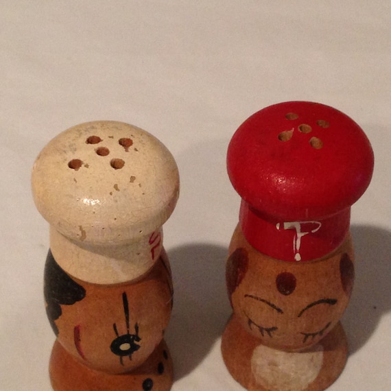 Vintage Pair Wooden Wood Man & Lady Chef Salt and Pepper Shakers