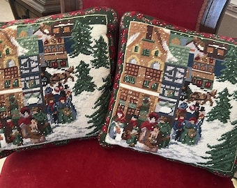 Vintage Decorative Throw Pillows Set(2) Victorian Christmas Carolers Needlepoint Vintage Christmas