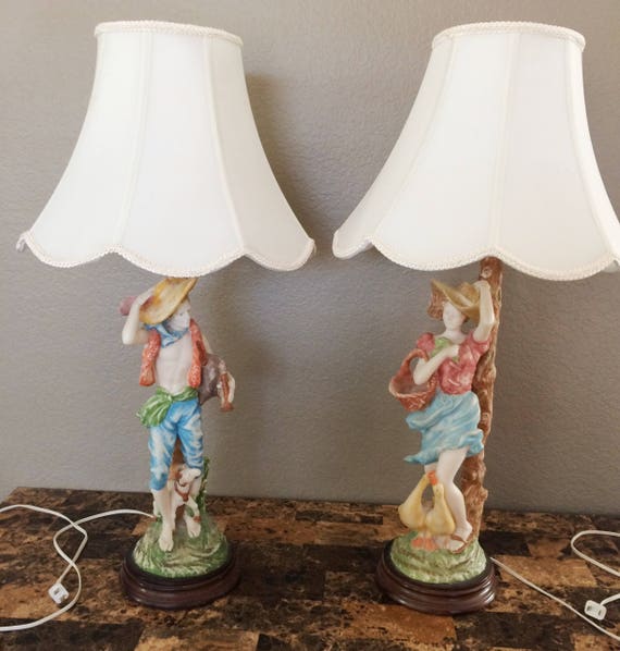 Vintage Large 30 Sculptured Country Man And Woman Lamps Made In Italy Work Great Beautiful Collectible