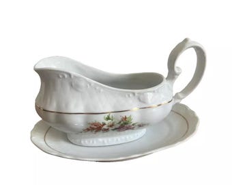 Vintage SRS Kinatillverkad Brasilien Viktoriansk Blommig Såsskål med Tallrik Guldkantad Samlarservering