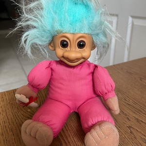 Vtg 10&quot; Russ Troll Baby Vinyl & Cloth Body Doll Light Blue Hair Brown Eyes