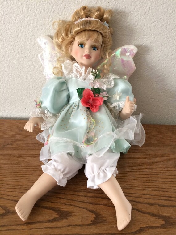 Vintage Porcelain Doll Blonde Hair Blue Eyes Autumn Dress Etsy