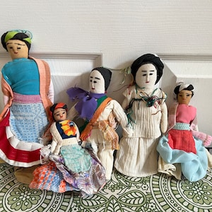 Lot of 5 Vintage Peruvian Dolls in Colorful Clothing Handmade Stitched Faces Collectible Ethnic Dolls