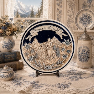 May include: A round ceramic decorative plate featuring a dark blue border and a central relief scene of a person standing next to a seated person, surrounded by edelweiss flowers and mountains, with a banner reading Jager u. Dirndl at the top.