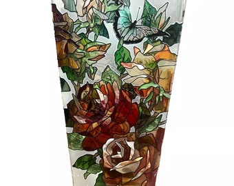 Vtg 13" Joan Baker Designs Hand Painted Stained Glass Vase Roses & Butterflies Vintge Decor Style