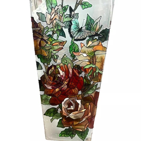 Vtg 13" Joan Baker Designs Hand Painted Stained Glass Vase Roses & Butterflies Vintge Decor Style