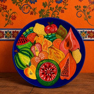May include: A round ceramic plate with a deep blue background featuring a vibrant, hand-painted collage of various fruits including watermelon slices, a papaya, a lemon, an apple, and citrus segments in bright shades of red, green, orange, and yellow.