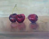 Petit, original peinture à l'huile de cerises du marché à Saint Girons, France. Peintes à l'huile sur du gesso Musée d'archivage.