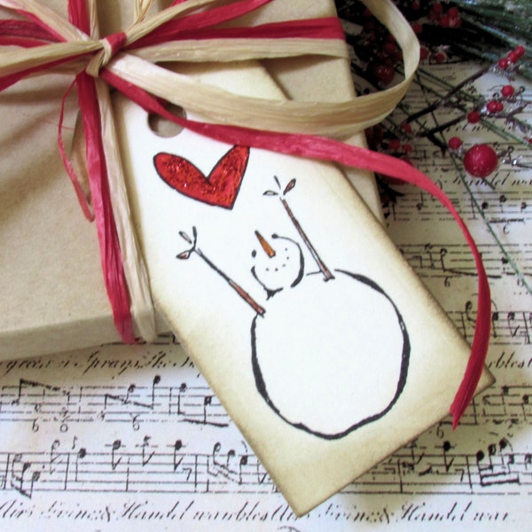 Snowman with Heart Gift Tags, Heart Gift Tags, Christmas Gift Tag, Holiday Gift Tags, Party Favor Tags, Snowman Favor Tags, Set of 9