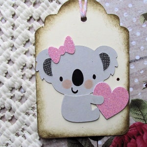 Valentine Koala Bear with Heart Gift Tag, Girl's Birthday Tag, Party Favor Tags, Valentine's Favor Tags, Koala Bear Tag, Die Cut, Set of 9