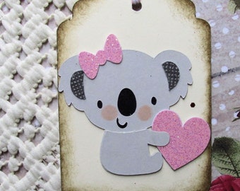 Valentine Koala Bear with Heart Gift Tag, Girl's Birthday Tag, Party Favor Tags, Valentine's Favor Tags, Koala Bear Tag, Die Cut, Set of 9