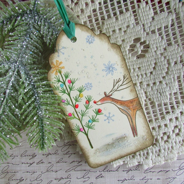 Christmas Gift Tag, Vintage Style Gift Tag, Artisan Hand Stamped Tag, Deer Tag, Hang Tag, Holiday Gift Tags, Deer, Set of 9