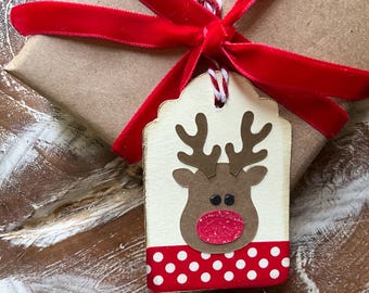 Reindeer Gift Tag, Christmas Gift Tag, Christmas Card, Party Favor Tag, Holiday Tag, Christmas Gift Wrap, Rudolph Tag, Die Cut Tag, Set of 9