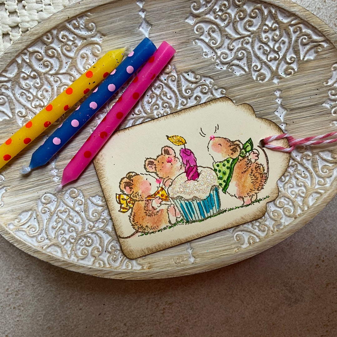 Mouse Birthday Gift Tags, Hand Stamped Mice Tags, Birthday Gift Tag ...