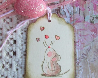Valentine Mouse with Hearts Gift Tags, Valentine's Day Tag, Party Favor Tags, Valentine's Favor Tags, Hand Stamped Tag, Set of 9