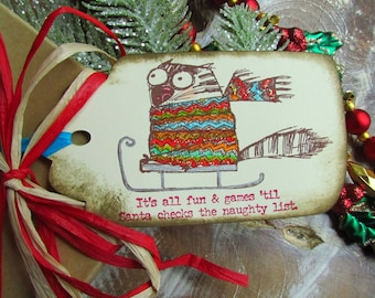 Cat Gift Tag, Christmas Cat, Tim Holtz Snarky Cat, Christmas Gift Tags, Cat Stationary, Bakery Tags, Christmas Wrap, Favor Tags, Set of 9