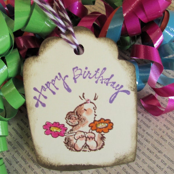 Mouse with Flowers Hang Tag, Mouse Tag, Hand Stamped Tag, Birthday Bag Tag, Birthday Tags, Hand-Stamped Tag, Birthday Favor Tags, Set of 9